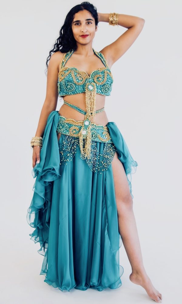 Attractive Turquoise with Gold Belly Dance Costume - Aida Style