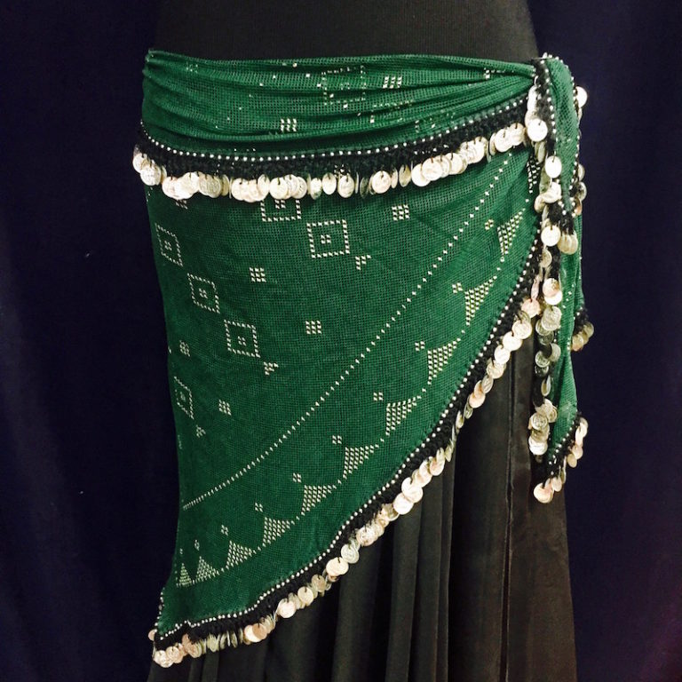 Assuit Beaded Hip Scarf/Sash Green with Silver Beads