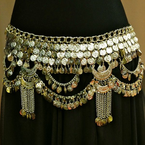 Egyptian Coin Belt with Crescent Pendants and Chain Drapes - SILVER