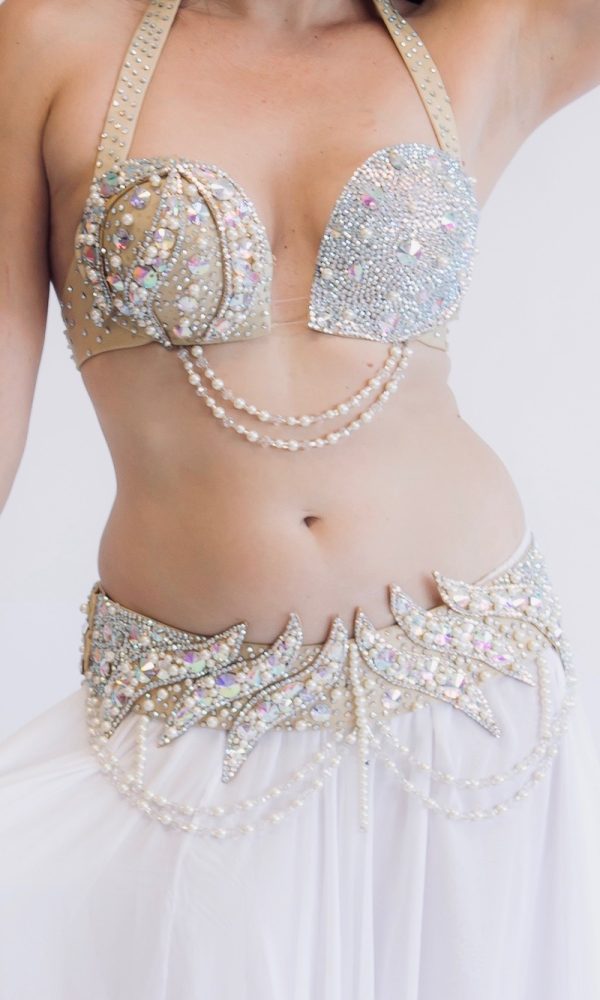 CLEOPATRA BRA and BELT SET in Antique White, Silver and Gold, in Bra Size B  #2, for Belly Dancing