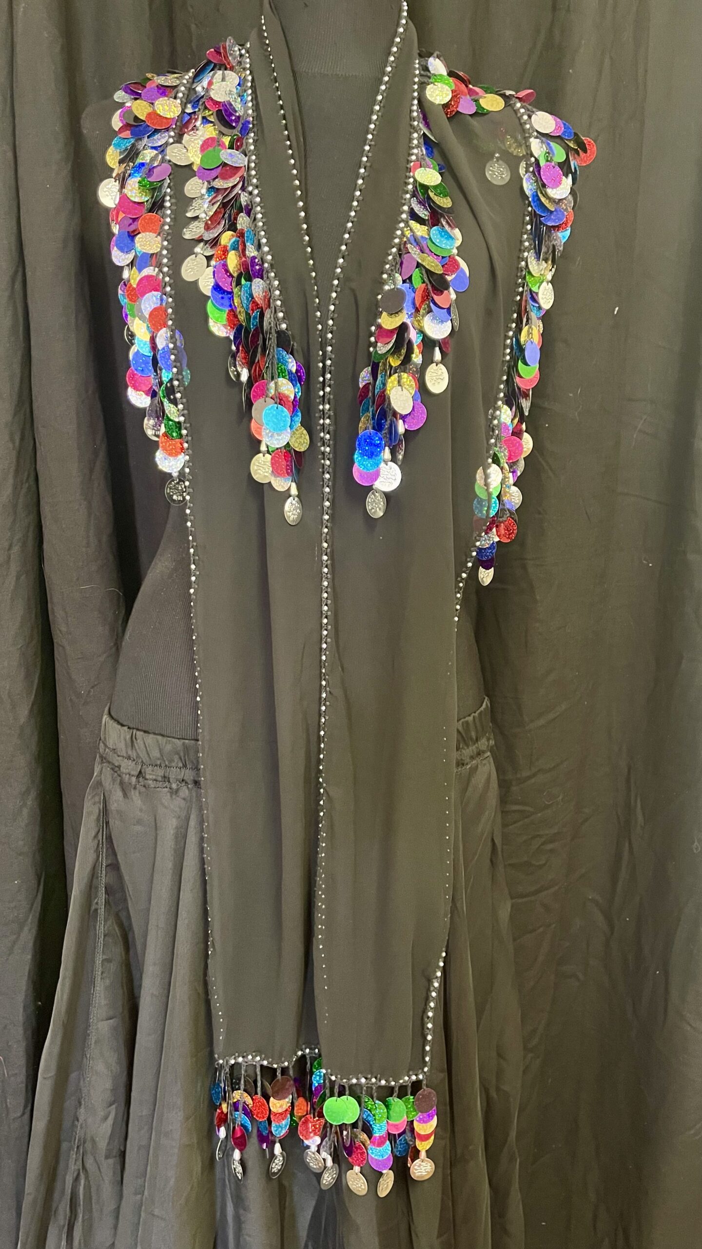 Multi Colour Pailettes on Black Chiffon Crochet Scarf - Image 3
